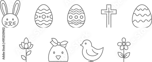 Set of easter line icons featuring rabbit face, decorated eggs, christian cross, chicken, and spring flowers