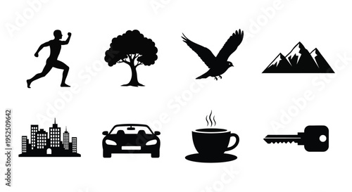 Collection of black silhouette icons representing modern life and nature