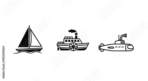 Various water vessels displayed in a minimalist black silhouette