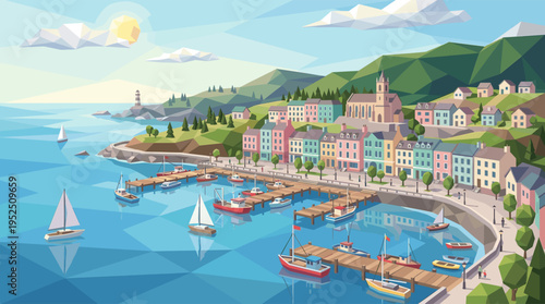 A low poly vector illustration of a scenic harbor village with colorful houses on a green hill, boats on the blue sea, and a distant lighthouse under a sunny sky.