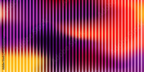 Ripple glass gradient background with vertical translucent stripes in purple, orange, red, and yellow tones. Glossy blurred texture with refraction effect, luminous glow, and vibrant modern depth.