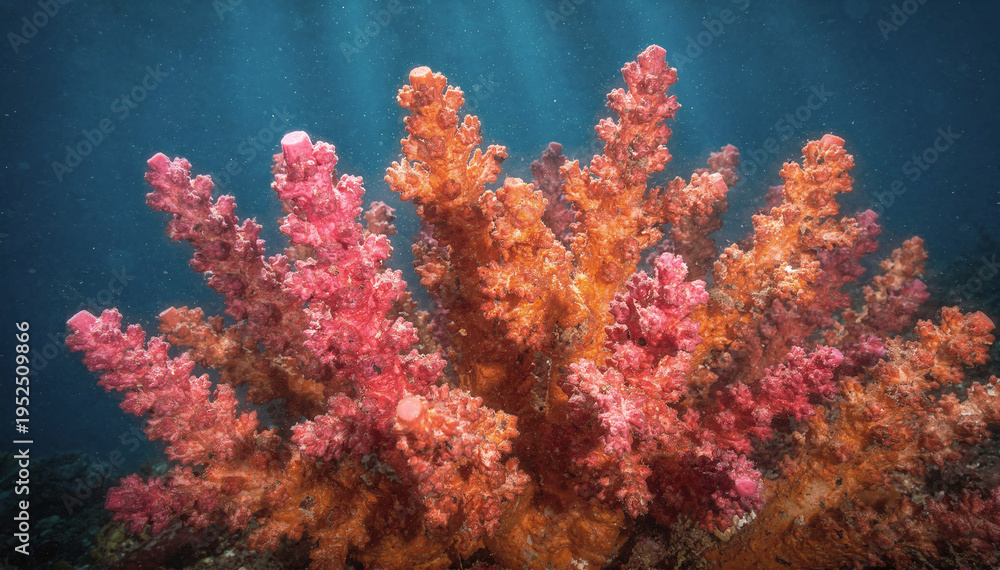 Fototapeta premium Vibrant Underwater Coral Reef with Orange and Pink Soft Coral Against Blue