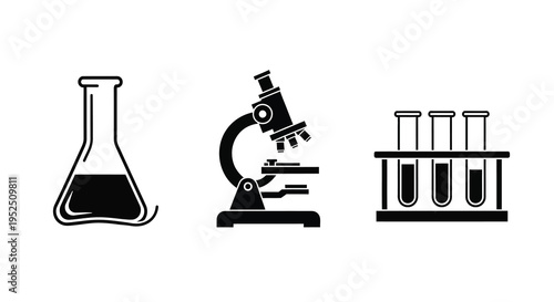 Laboratory equipment icons including a flask microscope and test tubes silhouette
