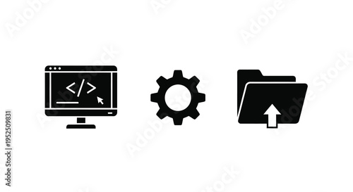 Computer gear and folder icons in a striking black silhouette