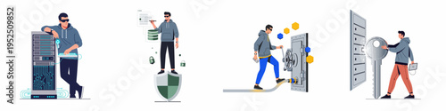 Flat Vector Illustrations of Cybersecurity Concepts, Including Data Protection, Server Security, and Hacker Activities in a Modern Tech Environment