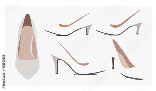 3D white high heels vector set with realistic fashion footwear isolated on white