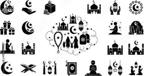 Islamic Ramadan and Eid silhouette icons with mosque crescent moon prayer quran lantern and religious celebration vector illustration set