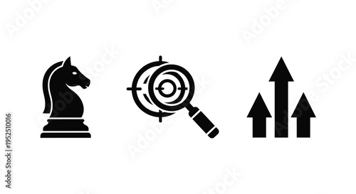 Chess knight magnifying glass and arrows in a minimalist silhouette