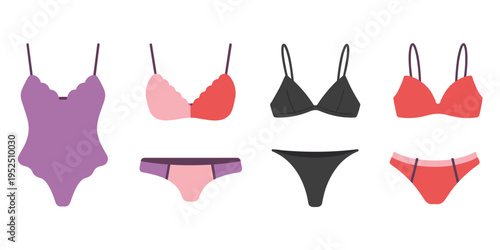 Collection of women's lingerie and swimwear flat lay on white background Keywords: lingerie, swimwear, bikini, bra, panties