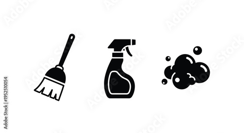 Cleaning tools including a brush spray and bubbles silhouette