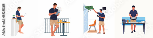 Set of flat illustrations depicting a man working remotely from a balcony and outdoor workspace using a laptop, tablet, and smartphone.
