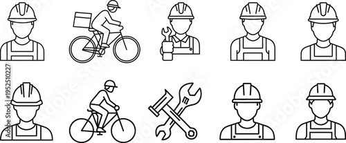 Construction worker and delivery courier line icons set with helmet avatars bicycle delivery tools and repair symbols for logistics service and labor vector collection