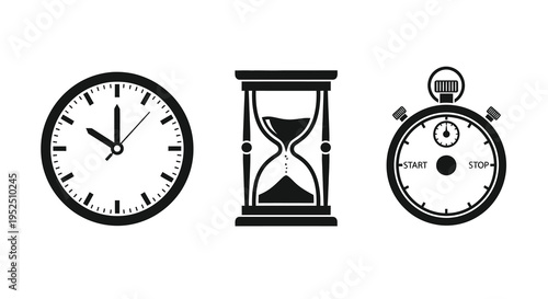 Black icons depicting a clock hourglass and stopwatch silhouette