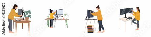Flat vector illustration set of a woman setting up, organizing cables, and cleaning her home office workstation with multiple monitors.