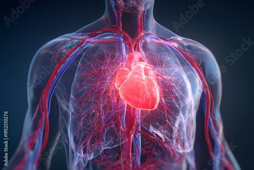 Anatomy of the human chest showing the heart and blood vessels, illustrating a heart attack