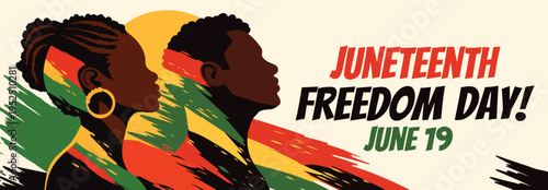 Juneteenth, Freedom Day, Independence Day for African Americans. Portrait, silhouette of man and woman against the background of a sun, palette symbol of liberation, equality, empowerment, unity.