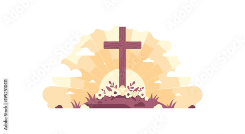 Christian cross on hill with flowers and sunrise background