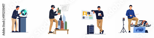 Set of flat vector illustrations featuring men working with advanced technologies like virtual reality, holographic data, global simulations, and modern engineering.
