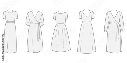Flat fashion sketches of five different styles of midi and maxi dresses with various necklines and sleeves