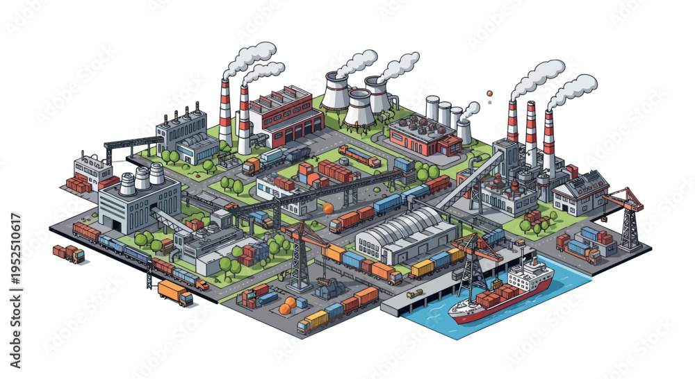Obraz premium Isometric industrial complex with factories, trains, trucks, and a ship at the dock.