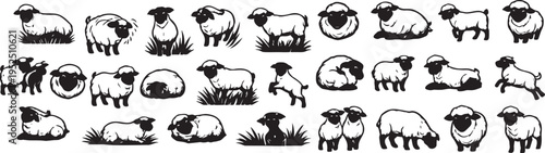 Fluffy Sheep Silhouettes and Lamb Vector Character Set.