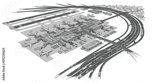 Aerial View of Busy International Airport with Airplanes and Highway System