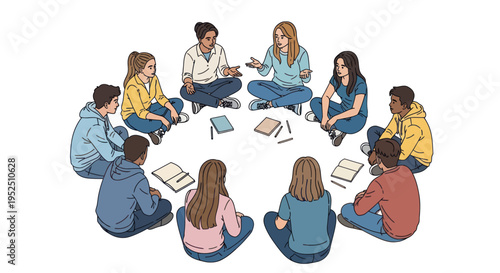 Diverse group of young people sitting in a circle, discussing ideas, learning, and collaborating.