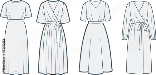 Flat fashion sketches of four different styles of midi and maxi dresses with short and long sleeves clothing