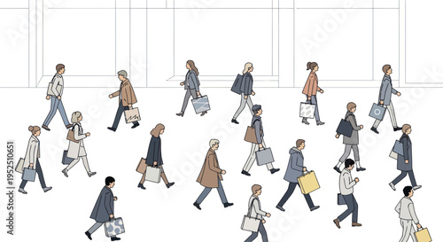 Diverse crowd of people walking with shopping bags, urban street illustration