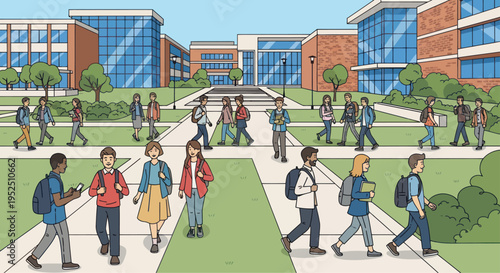 Diverse students walking on university campus pathway with modern buildings and greenery
