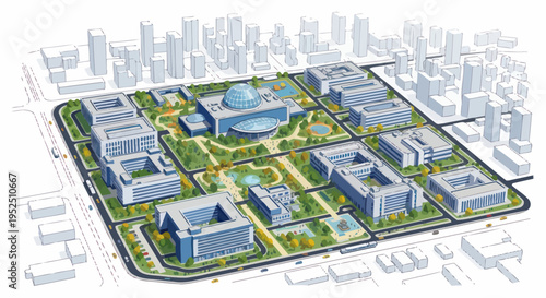 Modern University Campus and Cityscape Aerial View: Architecture, Green Spaces, and Urban Planning