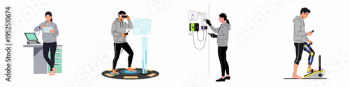 Illustrations of people using advanced medical technology including VR training, digital interfaces, robotic exoskeletons, and health monitoring systems for modern rehabilitation.