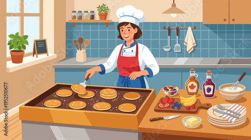 A smiling female chef in a uniform cooks delicious pancakes on a griddle in a bright kitchen, preparing a wholesome breakfast with fresh fruit and syrup.