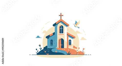 Christian church with cross and dove flying