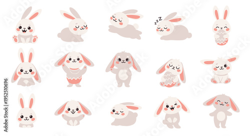 Cute cartoon rabbits set with different emotions and easter egg props