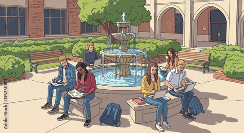 Students studying in a college courtyard with a fountain and benches.