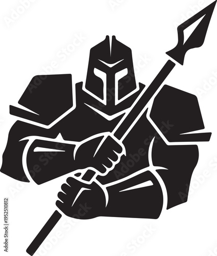 Strong warrior figure clad in dark armor firmly gripping a long sharp spear weapon illustration