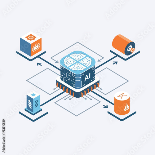 Isometric AI Central Processing Unit with Peripheral Connections.