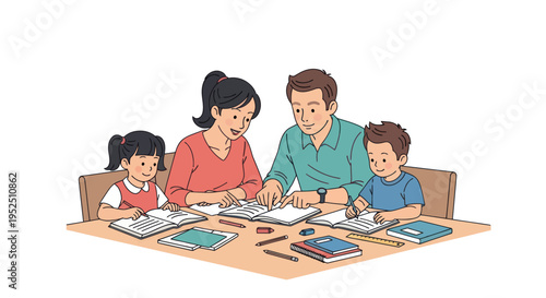 Family Studying Together: Parents Helping Children with Homework at Table