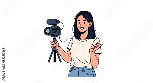 Young woman vlogger holding camera on tripod, recording video content, isolated on white background