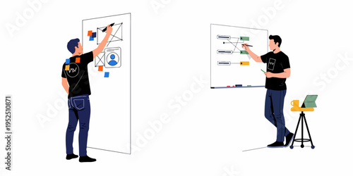 Two software developers collaborating on UI design and project planning using whiteboards in a flat illustration style.