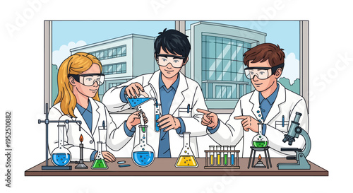 Diverse students in lab coats conducting chemistry experiment with beakers and microscope