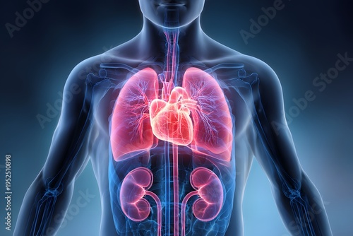 Human chest organs including heart lungs and kidneys showing a representation of a heart attack