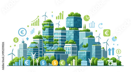 Eco-friendly city skyline with green buildings, wind turbines, solar panels, and financial symbols.
