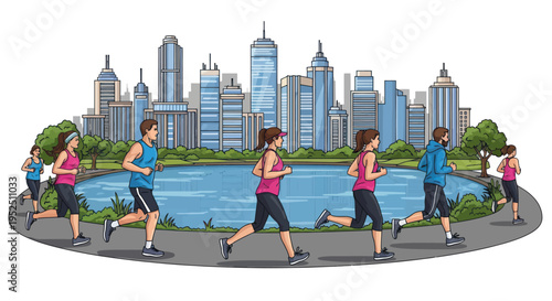 Group of diverse people running in a city park with a lake and skyline