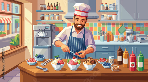 A happy male chef with a beard prepares artisanal ice cream sundaes with fresh fruit toppings in a bright, colorful shop kitchen.