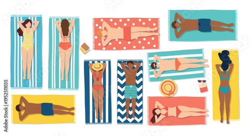 Diverse people sunbathing on beach towels, summer vacation, relaxation, top view illustration