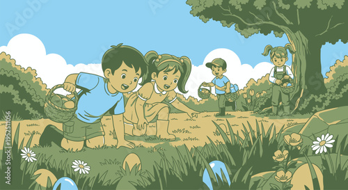 Children searching for easter eggs in lush green field with tall grass and large tree on sunny day