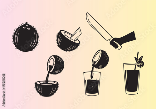 Stepbystep coconut opening and juice preparation illustration