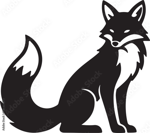 Elegant black fox silhouette sitting majestically, depicting wild animal beauty and stealth in a vector illustration.